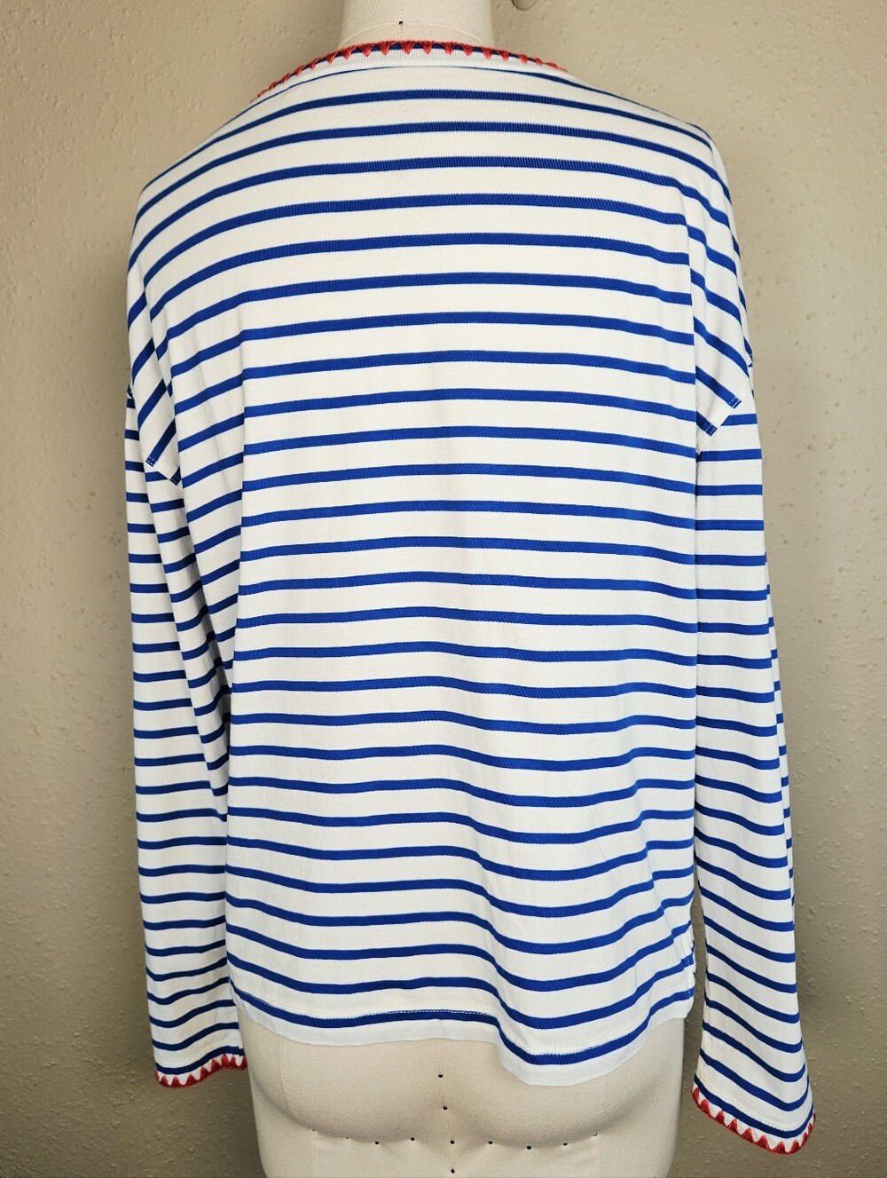 Boden Blanket Stitch Boxy Striped Top Small Blue White Cotton Long Sleeve - Picture 5 of 11